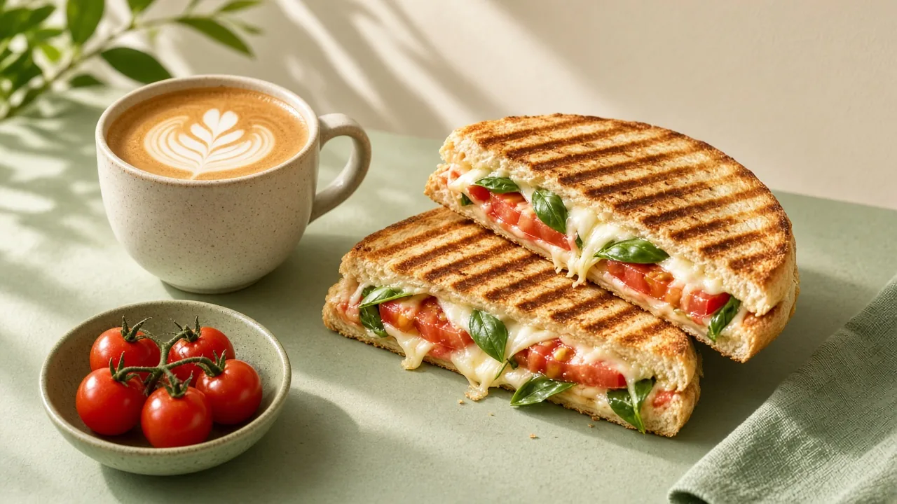 A grilled panini with melted cheese, tomato and basil next to a latte and a bowl of cherry tomatoes on a sage green table
